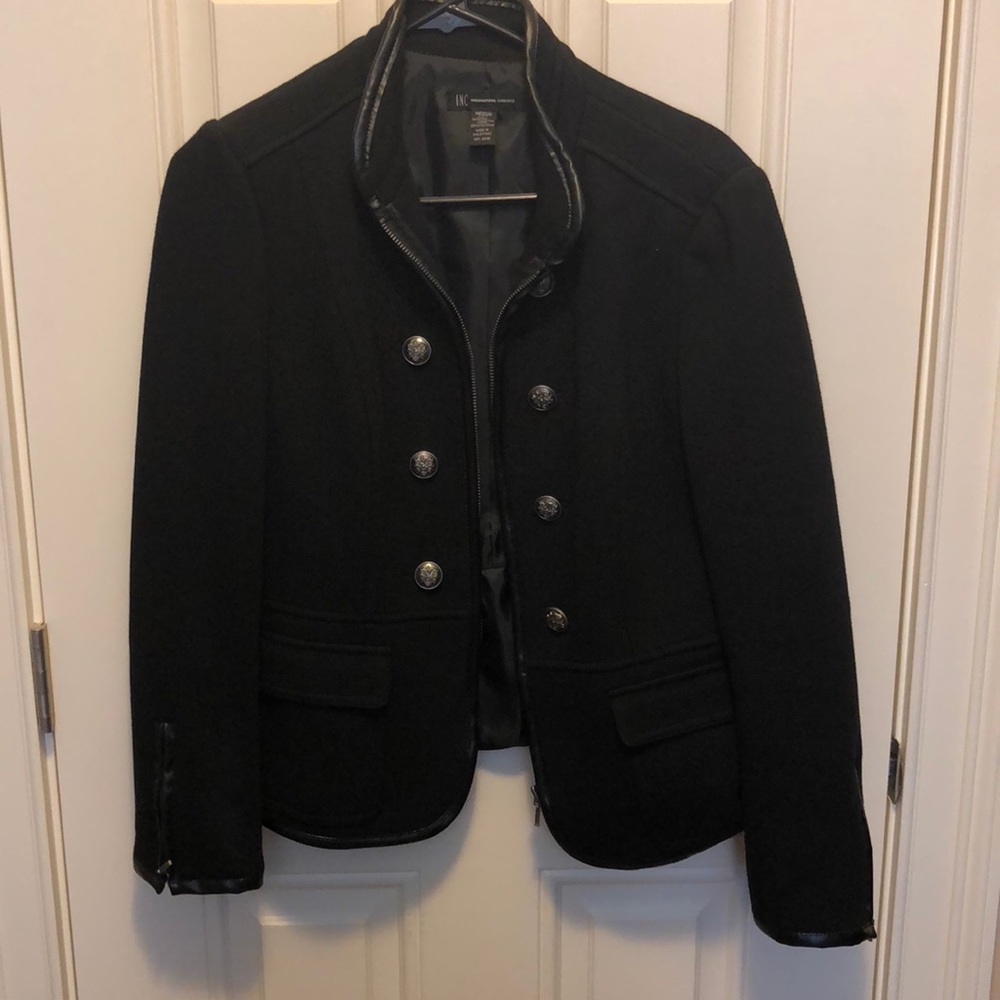 Inc black faux leather trim jacket.
